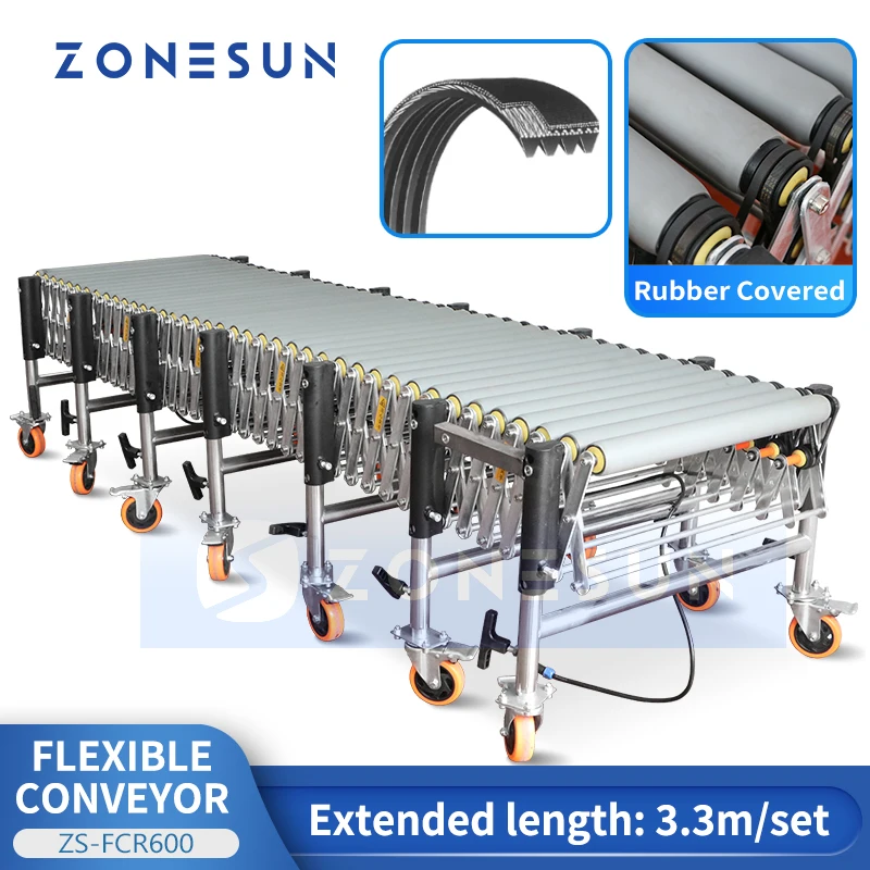 

ZONESUN Flexible Expandable Roller Conveyor Rubber Covered Powered Rollers Multi Wedge Material Handling Equipment ZS-FCR600