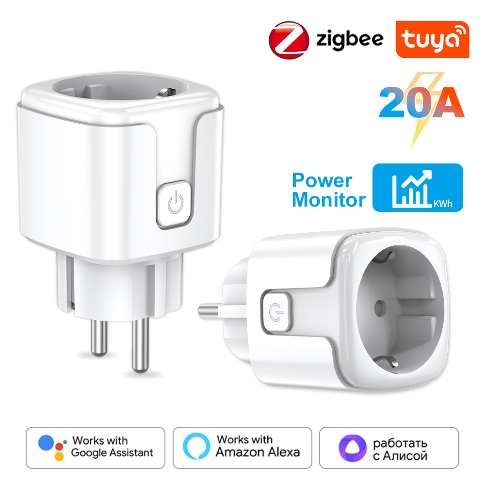 Tuya Zigbee Smart Socket European Plug 20A with Power Metering Alexa Voice Mobile APP Remote Control Google Home Yandex Alice