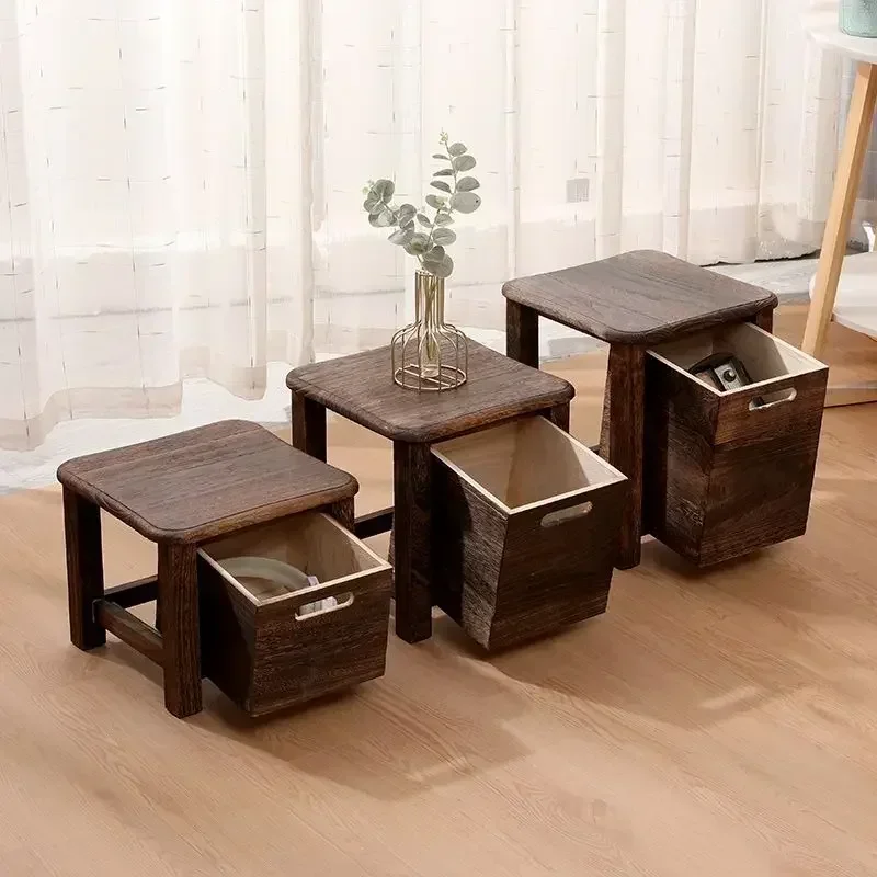Multifunctional Wooden Stool Entrance Square Dwarf Table Cabinet Solid Wooden Stool Outdoor Shoeshine Storage Drawer
