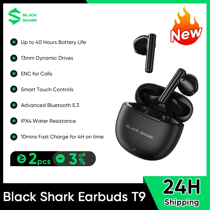 

Наушники-вкладыши Black Shark T9, беспроводные наушники TWS, Bluetooth 5,3, до 40 часов воспроизведения, 13 мм, динамические приводы IPX4, водонепроницаемость