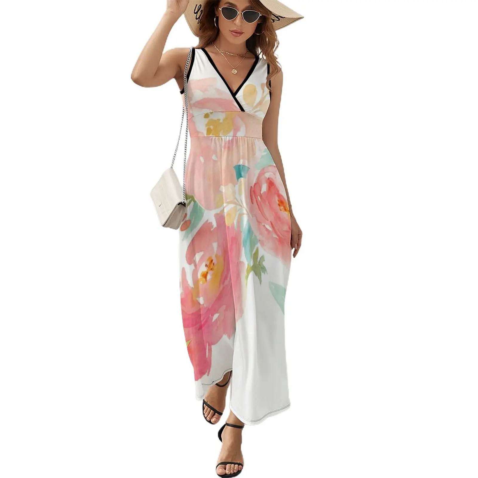 

Peonies Watercolor Bouquet Sleeveless Dress summer women's dress 2023 beach dresses