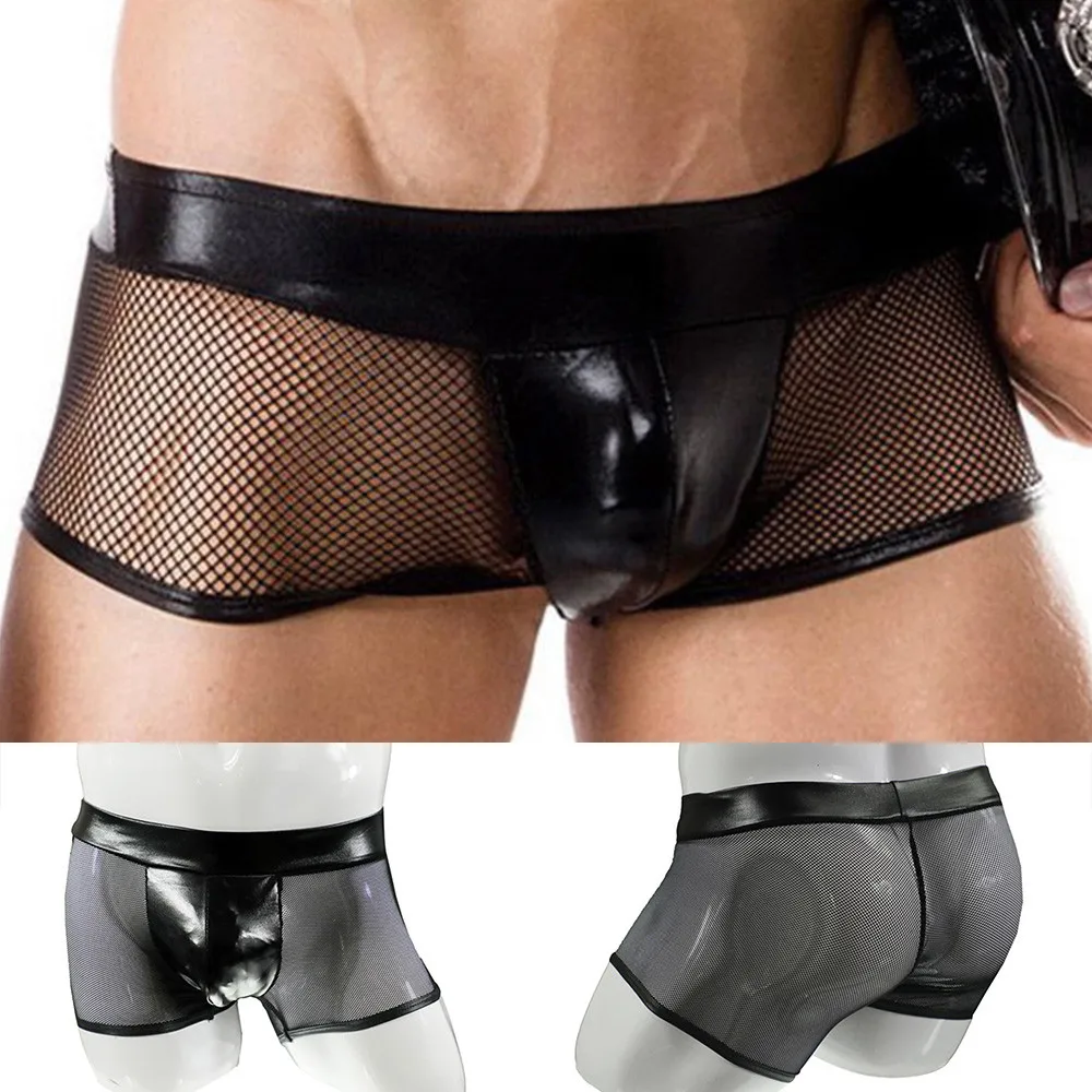 

Fashion Men's Sexy Faux Leather Mesh Comfortable Breathable Ultra-Thin Tulle Netting Nightclub Boxer Briefs Underwear