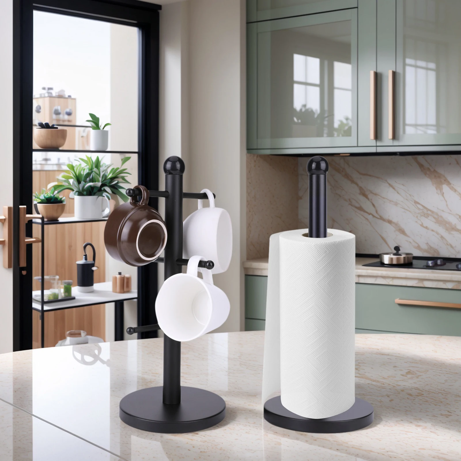 6 Cup Mug Holder with Paper Towel Roll Holder Free-Standing Cup Rack (Black): 3 - 5 Days Free Delivery Only UK