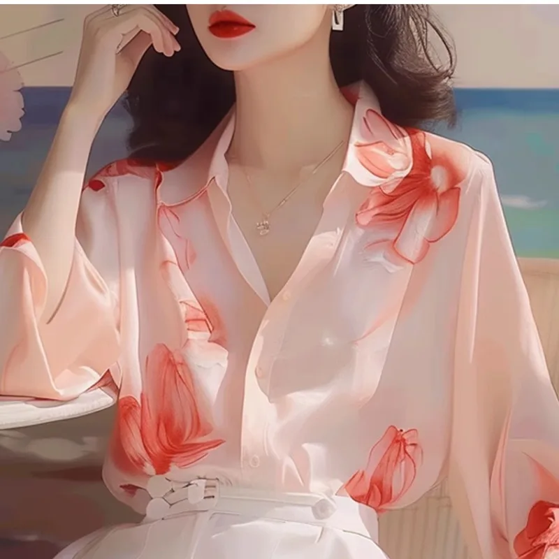 Printed Women's 2024 Summer Patchwork Turn Down Collar Button Lantern Sleep Fashion Casual Long Sleeved Sun Protection Shirt