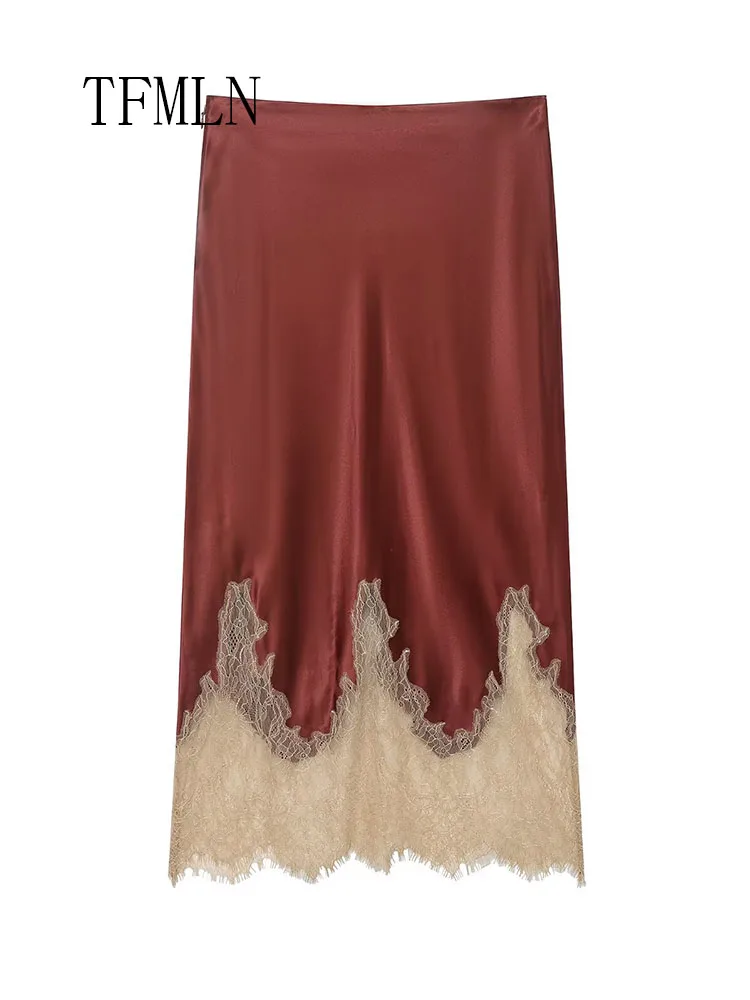 Fashion Lace Patchwork Slim Skirts For Women 2026 Elegant Side Zipper Chic Party Skirts Vintage Female Causal Straight Skirts