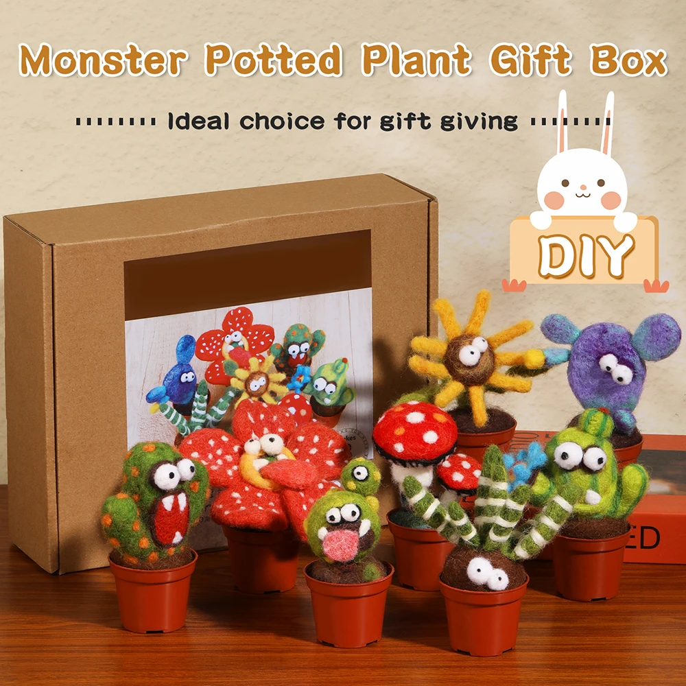 Wool Needle Felting Starter Kit Felt Plant Flowerlower Monster Team Kit for Beginner with DIY Needle Felting Supplies and Instru
