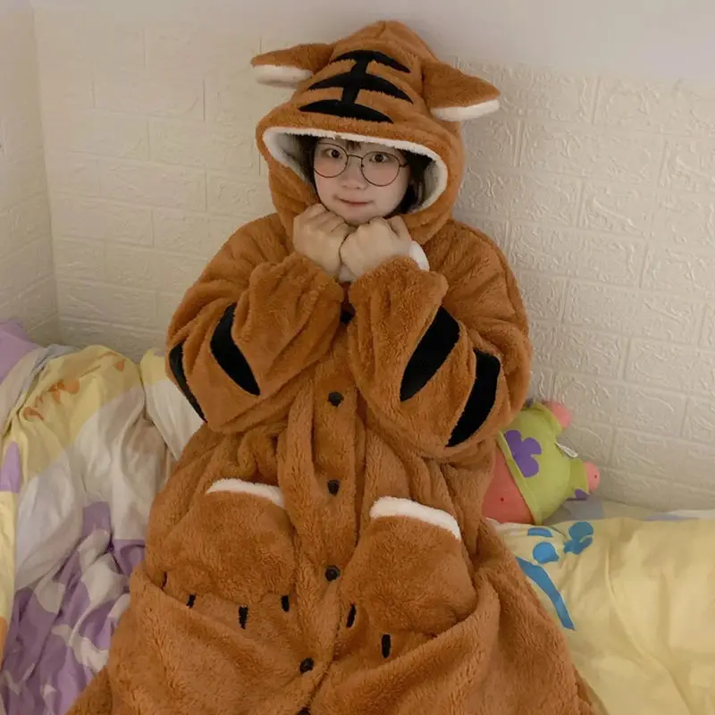 Cute Tiger Long Pajamas Loose Fastener Button Bathrobe with Pockets Hooded Nightdress Flannel Home Wear Clothing Female Costume