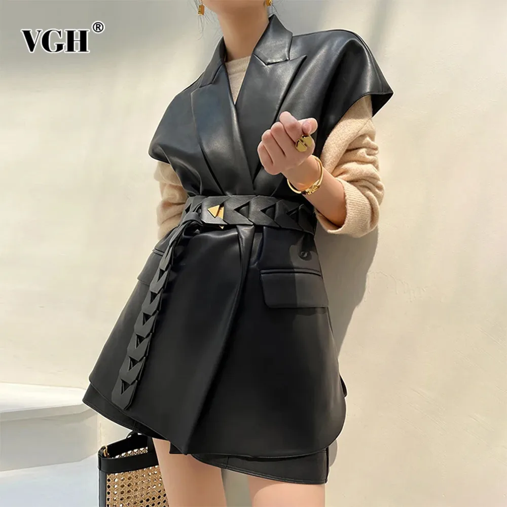 vgh-solid-patchwork-lace-up-leather-jacket-notched-collar-sleeveless-minimalist-casual-jackets-female-fashion-style-clothes-new