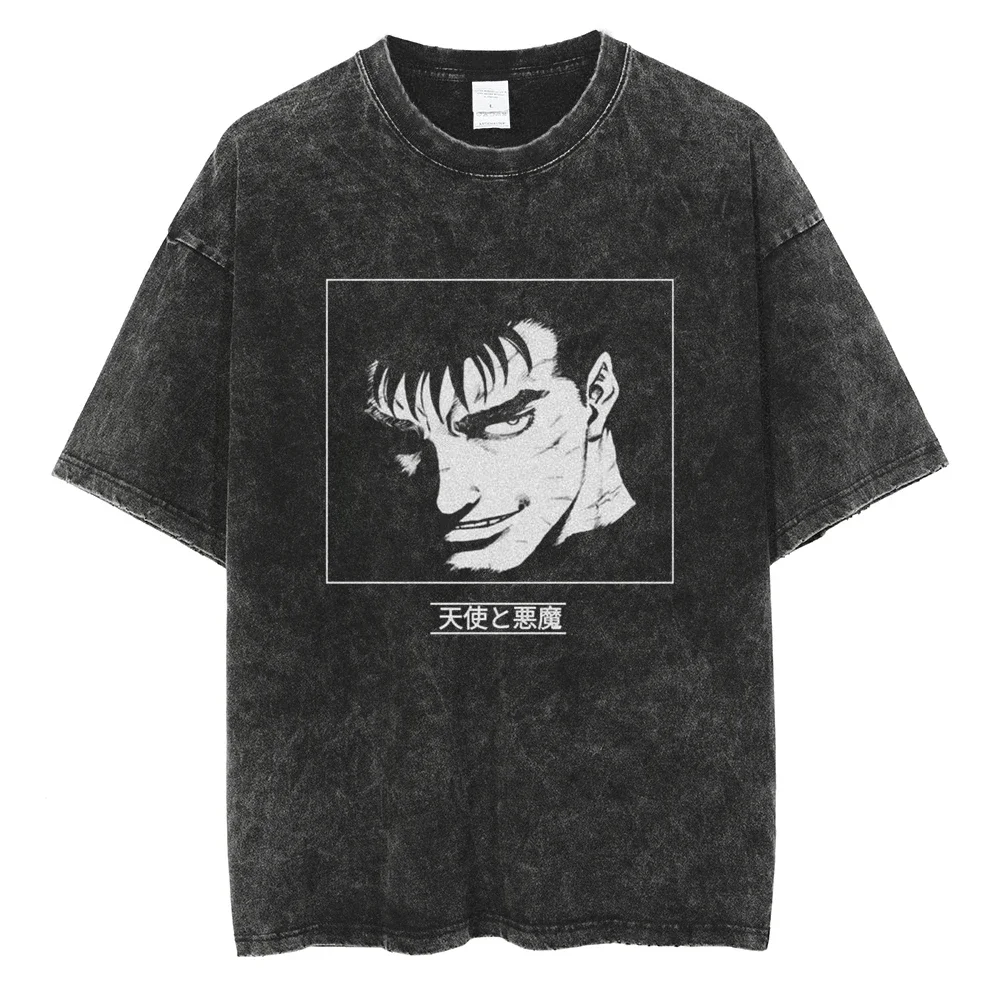 

Men Fashion Tshirt Washed Black Ripped Vintage Anime Berserk Graphic T-Shirt Hip Hop Streetwear Summer Cotton T Shirt Unisex