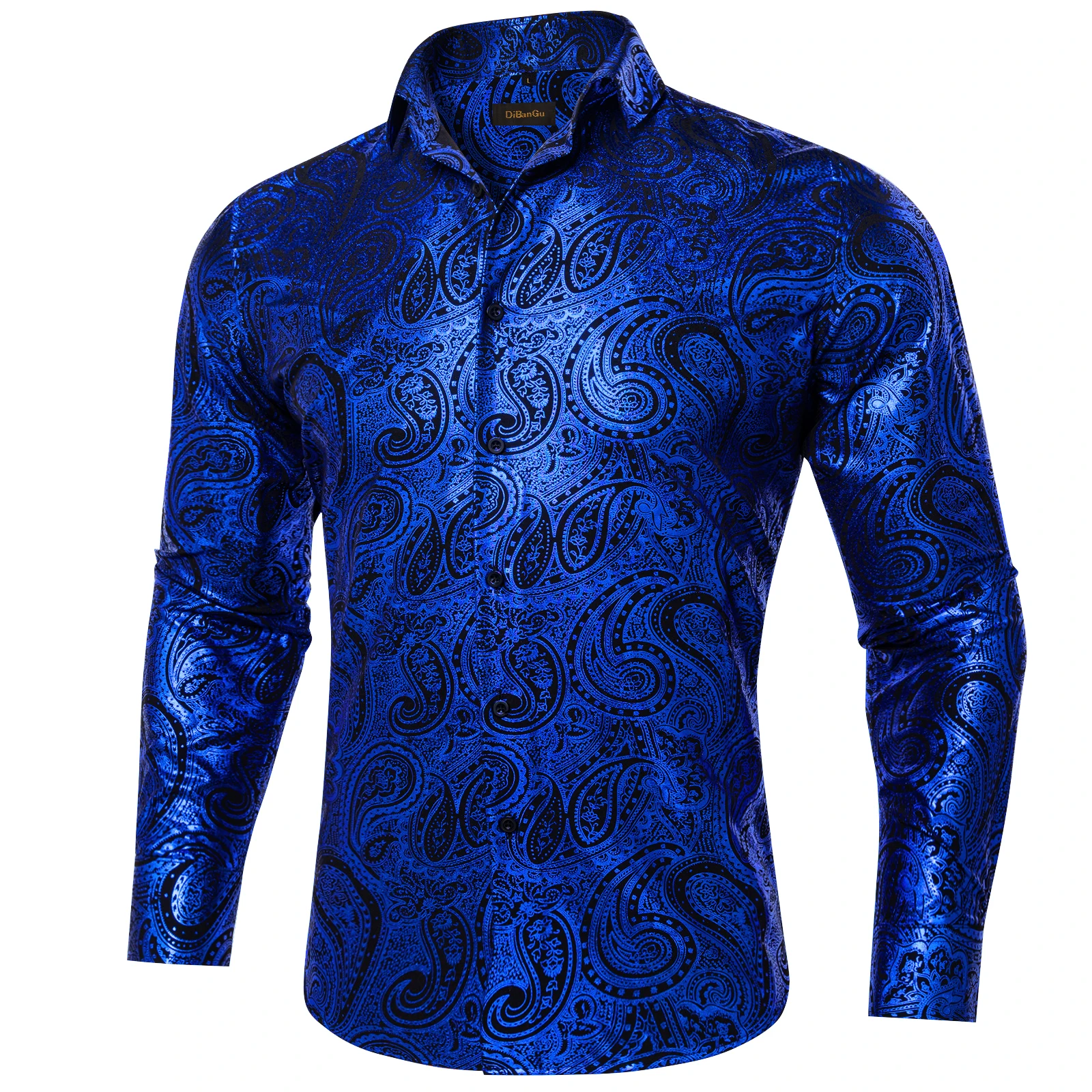 Luxury Royal Blue Paisley Silk Dress Shirts Wedding Party Performence Shirt for Men Social Clothing camisas de hombre