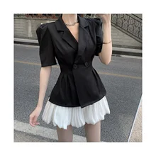 

2022NEW 2021 2PCS Women Summer 2021 Blazer Coat + Short Skirts Sets Elegant Short Sleeve OL Suits Korean Ladies Clothing Set