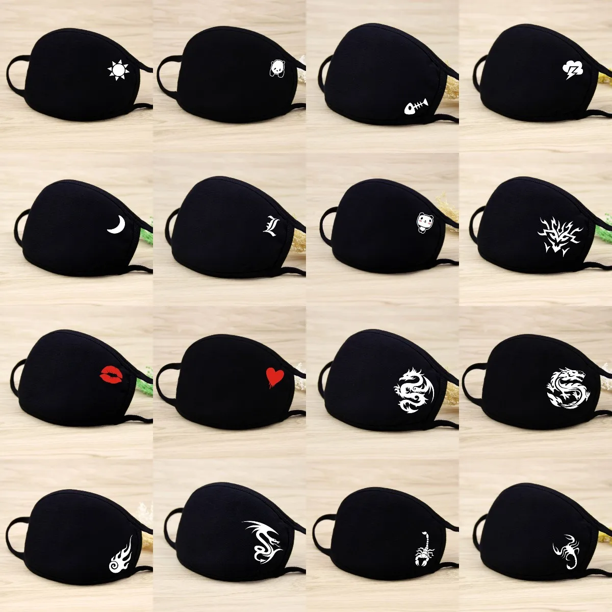 Black Cotton Dust Mask 1PC Washable Cartoon Expression Teeth Muffle Face Respirator Anti Kpop Bear Mouth Mask Reusable Face mask face mask cotton face mask