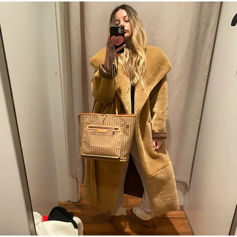 Abrigos largos elegantes de piel sintética con cinturón, solapa grande, manga larga y bolsillo, abrigos de felpa para mujer, ropa de calle de invierno 2025