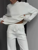 REALEFT Autumn Winter 2 Pieces White Women's Sets Knitted Tracksuit Turtleneck Sweater and Straight Jogging Pant Suits 2023 New - Image 4