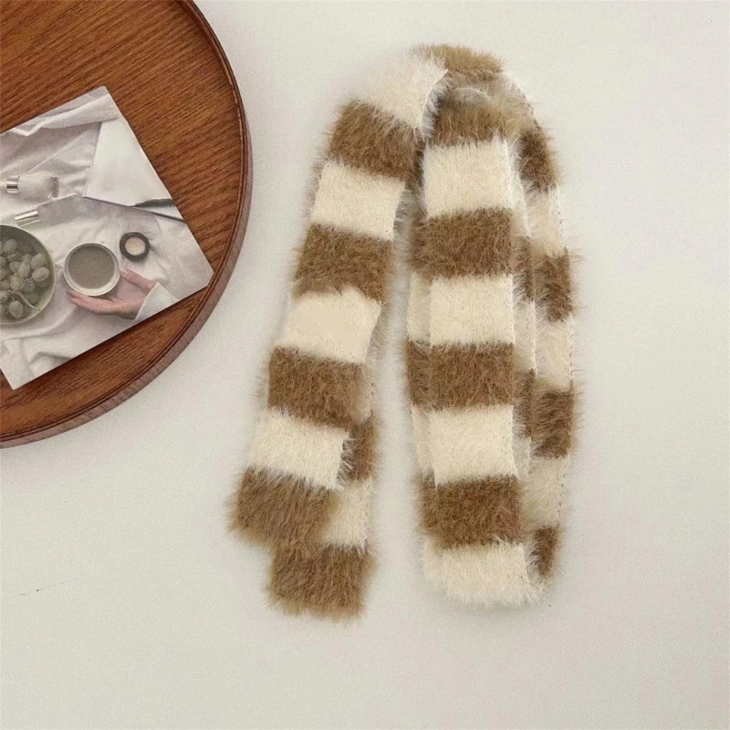 Crochet Plush Scarf for Female Teens Girl 2000s Long Stripe Scarf Spring Autumn Knitted Skinny Scarf Harajuku Neck Scarves 6