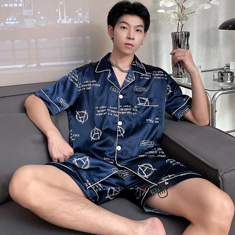 Silk Pajamas Set Men Short Satin Large Size Summer Sleepwear Home Clothes Stripe Big Size 4XL Plaid