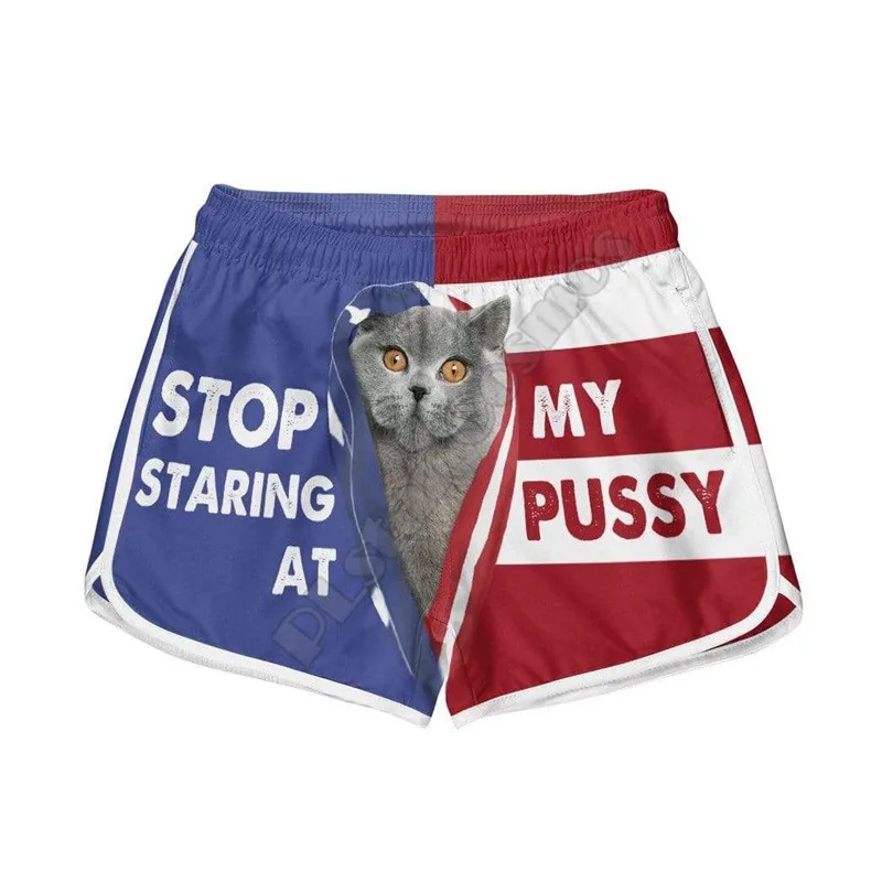 British Shorthair Cat Stop Staring At My Pussy Swim Trunk 3D Printed Women Shorts Summer Beach Shorts Elastic Waist Shorts