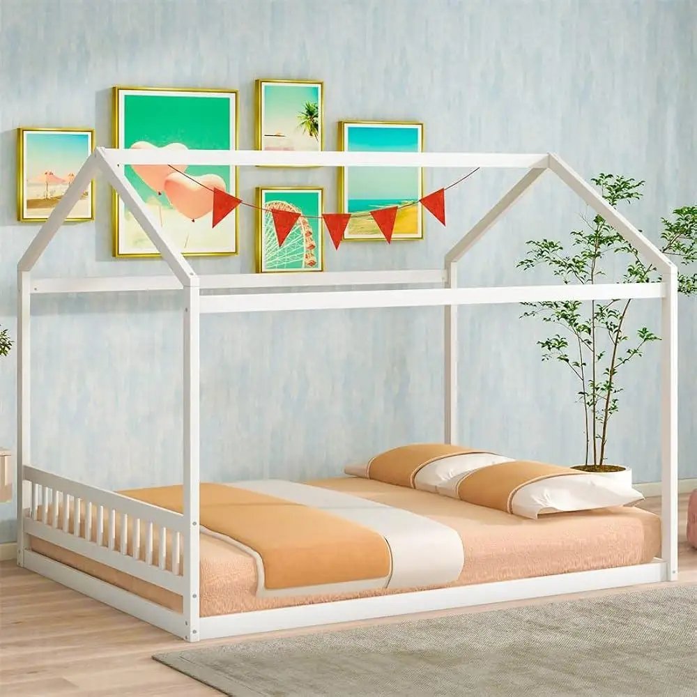 Queen Size Wooden House Bed Frame Kids Floor Bed with Headboard Roof Slats Support Children's Imaginative Play Durable Design 2