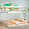 Queen Size Wooden House Bed Frame Kids Floor Bed with Headboard Roof Slats Support Children's Imaginative Play Durable Design 2