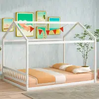 Queen Size Wooden House Bed Frame Kids Floor Bed with Headboard Roof Slats Support Children's Imaginative Play Durable Design 2