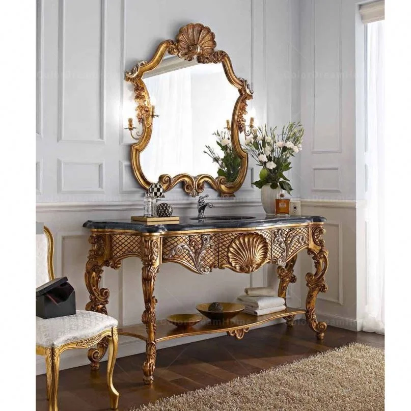 

Rococo furniture luxury golden single sink bathroom vanity marble top