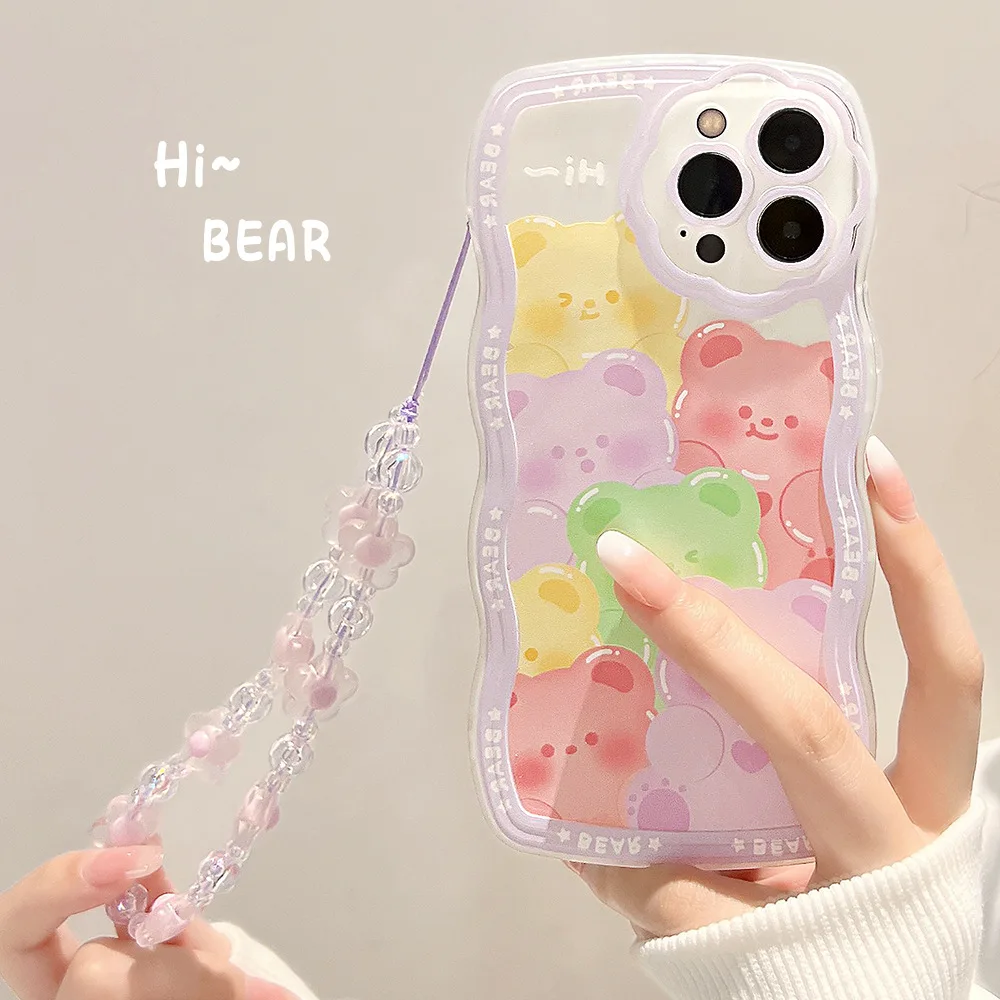 Cute Flower Cartoon Wavy Case For iPhone 14 13 12 11 Pro Max XR XS X 7 8 Plus SE 2022 Soft Silicone Bumper Cover With Hand Rope- S22c1fd0d0cc24f95bc23b9337e5e7d89f