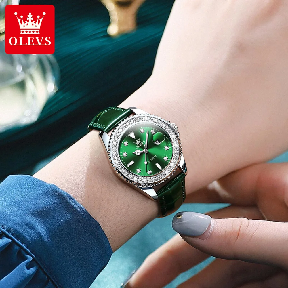 OLEVS Brand New Fashion Green Quartz Watch for Women Leather Waterproof Calendar Luxury Diamond Watches Womens Relogio Feminino