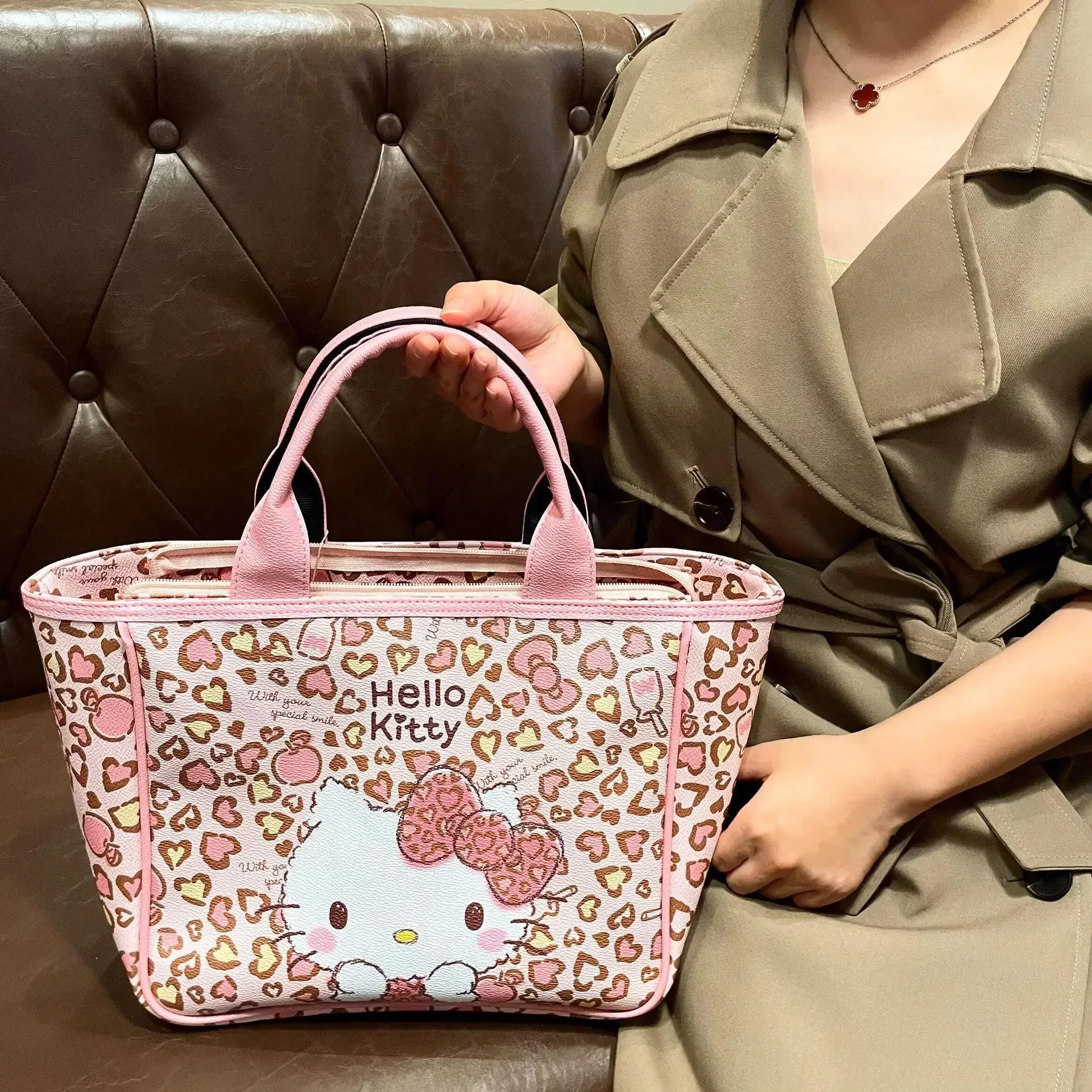 Sanrio Hello Kitty Women's Shoulder Bag Cartoon Fashion PU Pink Leopard Print KT Tote Bag Girls Large Capacity Commuter Bag Gift