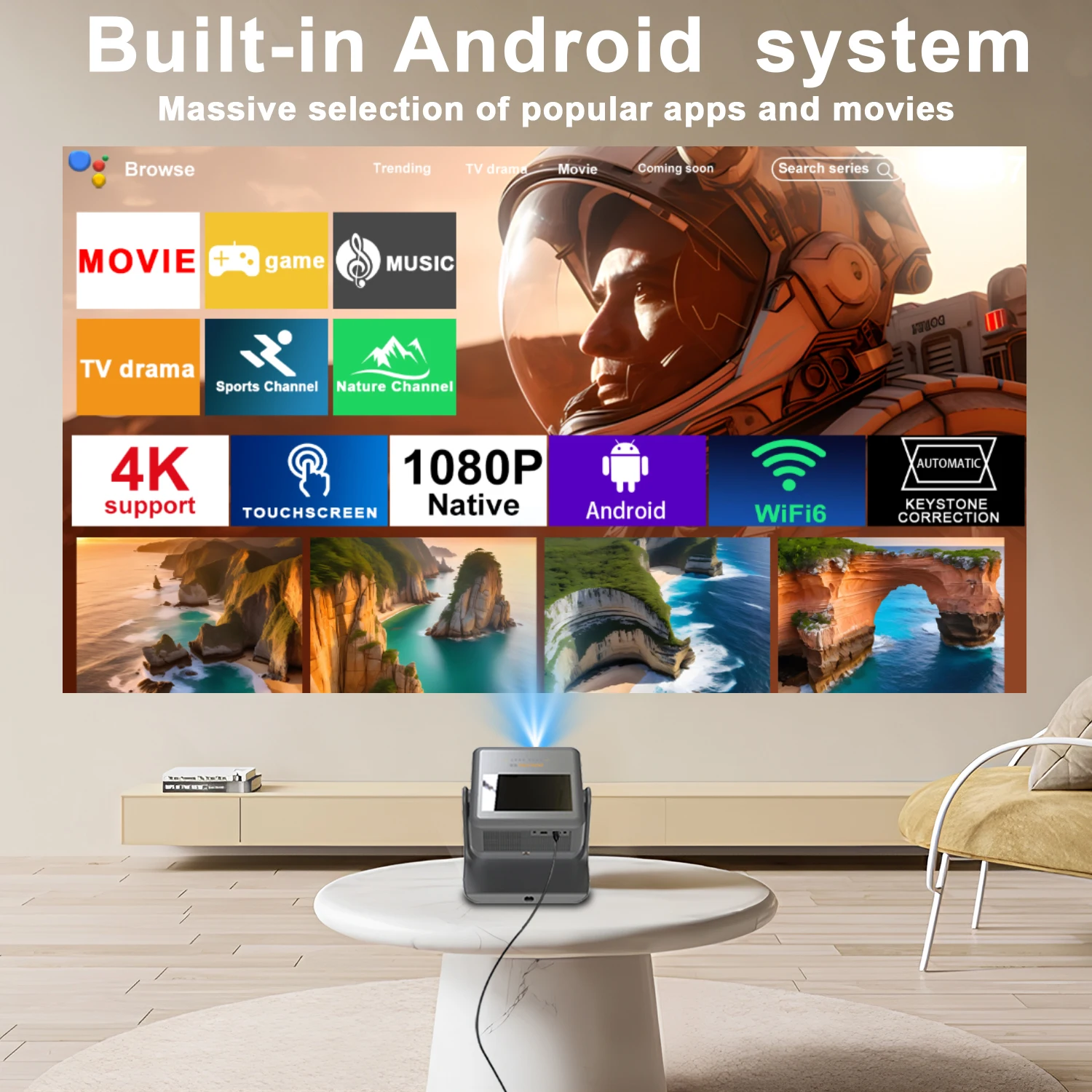 안드로이드 12 7인치 1080P 4K 프로젝터 자동 초점 180 ° 회전형 WiFi BT5.0 HDMI USB