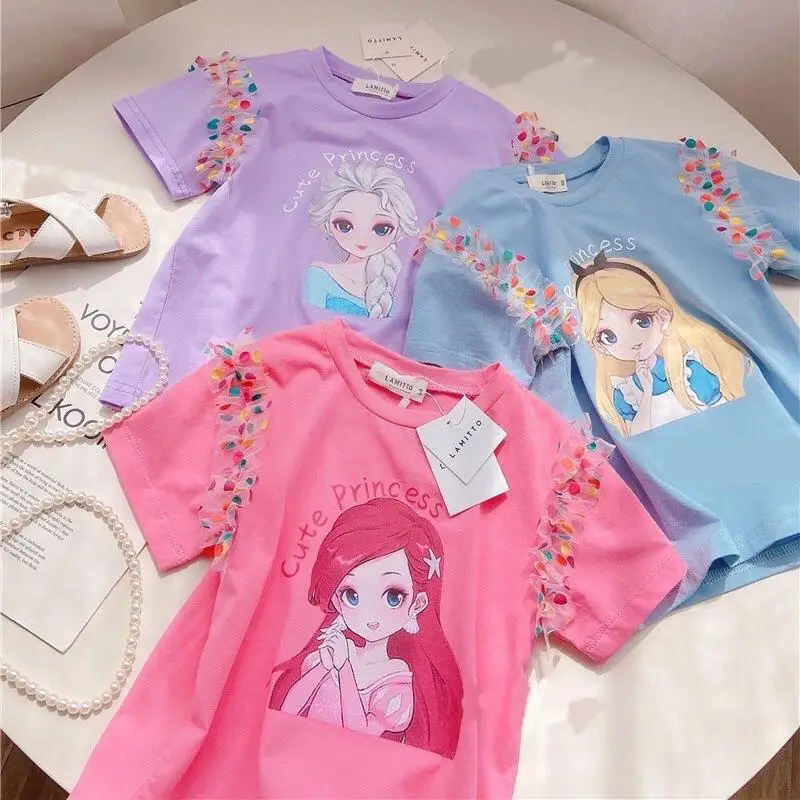 

Kawaii Эльза мультфильм девочки Сетка Чистый хлопок Короткие рукава летние аниме Дисней девочки сердце милая детская принцесса футболка