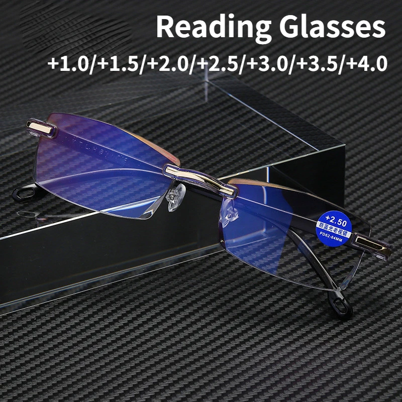 Frameless Square Reading Glasses for Men Women's Anti Blue Light Computer Eyeglasses Far Sight Presbyopia Reader Glasses Women