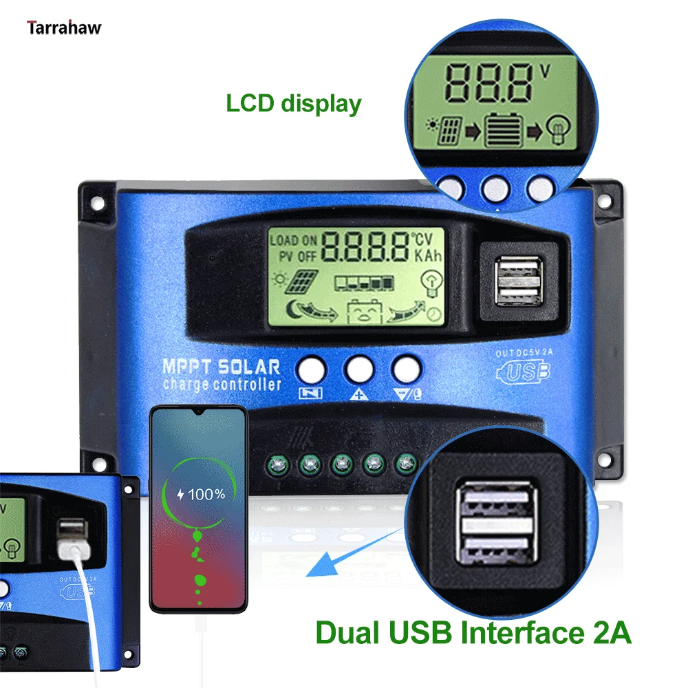 MPPT Solar Charge Controller 100A 60A 50A 40A 30A 12V/24V 2USB LCD Load Discharger solar charger controller