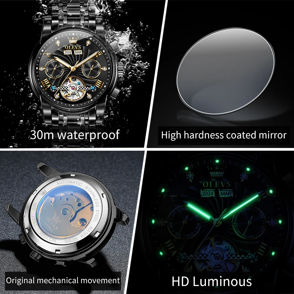 OLEVS 7088 Men Watch Top Brand Hollow Skeleton Fashion Waterproof Mechanical Watch For Men Luminous Date Steel Strap Wristwatch