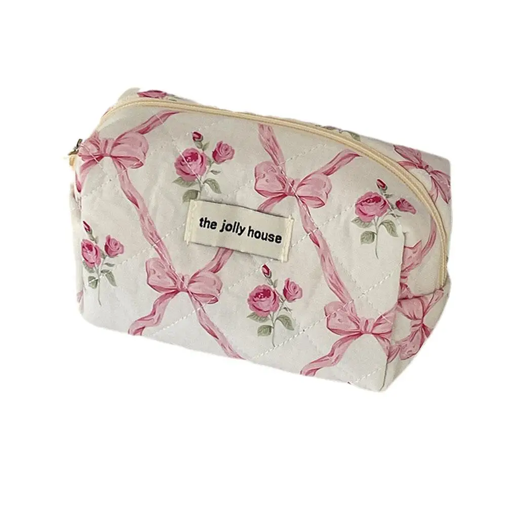 Women Cute Bow Flower Zipper Quilting Cotton Makeup Bag