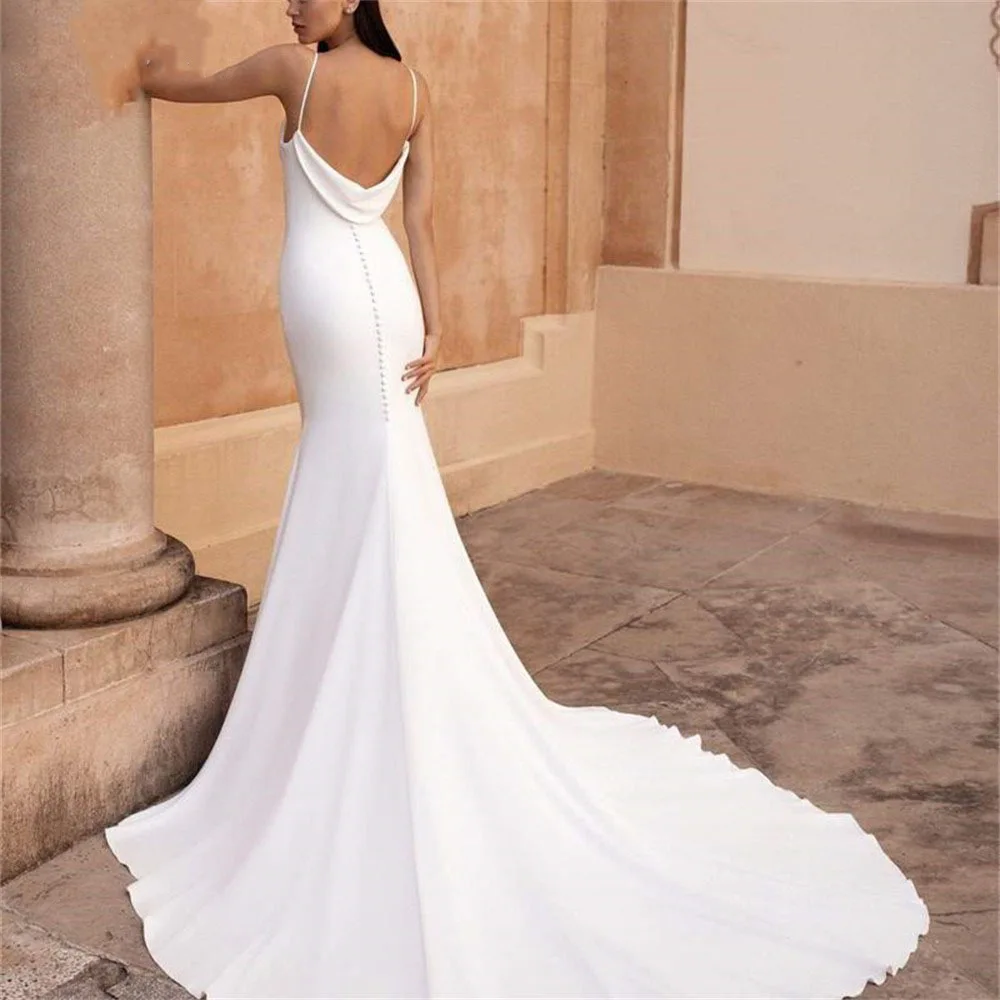 

Женское белое свадебное платье-русалка, простое Плиссированное облегающее банкетное платье с открытой спиной и шлейфом, платья для невесты на тонких бретелях