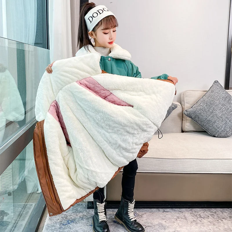 

Girls Fur Coat Jacket Cotton Outwear Overcoat 2022 Khaki Warm Thicken Plus Velvet Winter Autumn School Gift Children's Clothing