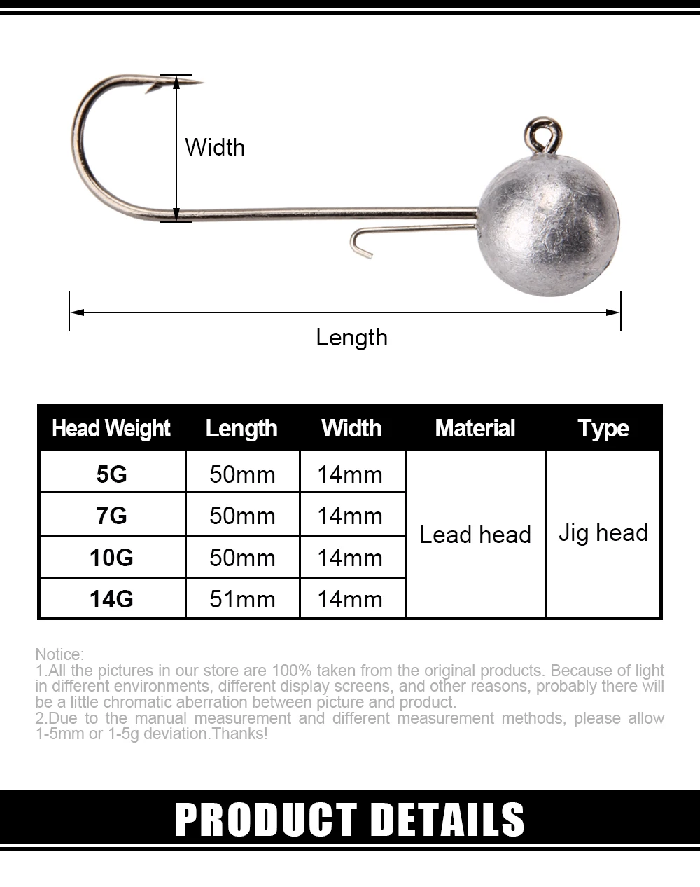 Rosewood Long Shank Round Ball Jig Heads Fishing Hook 5g 7g 10g