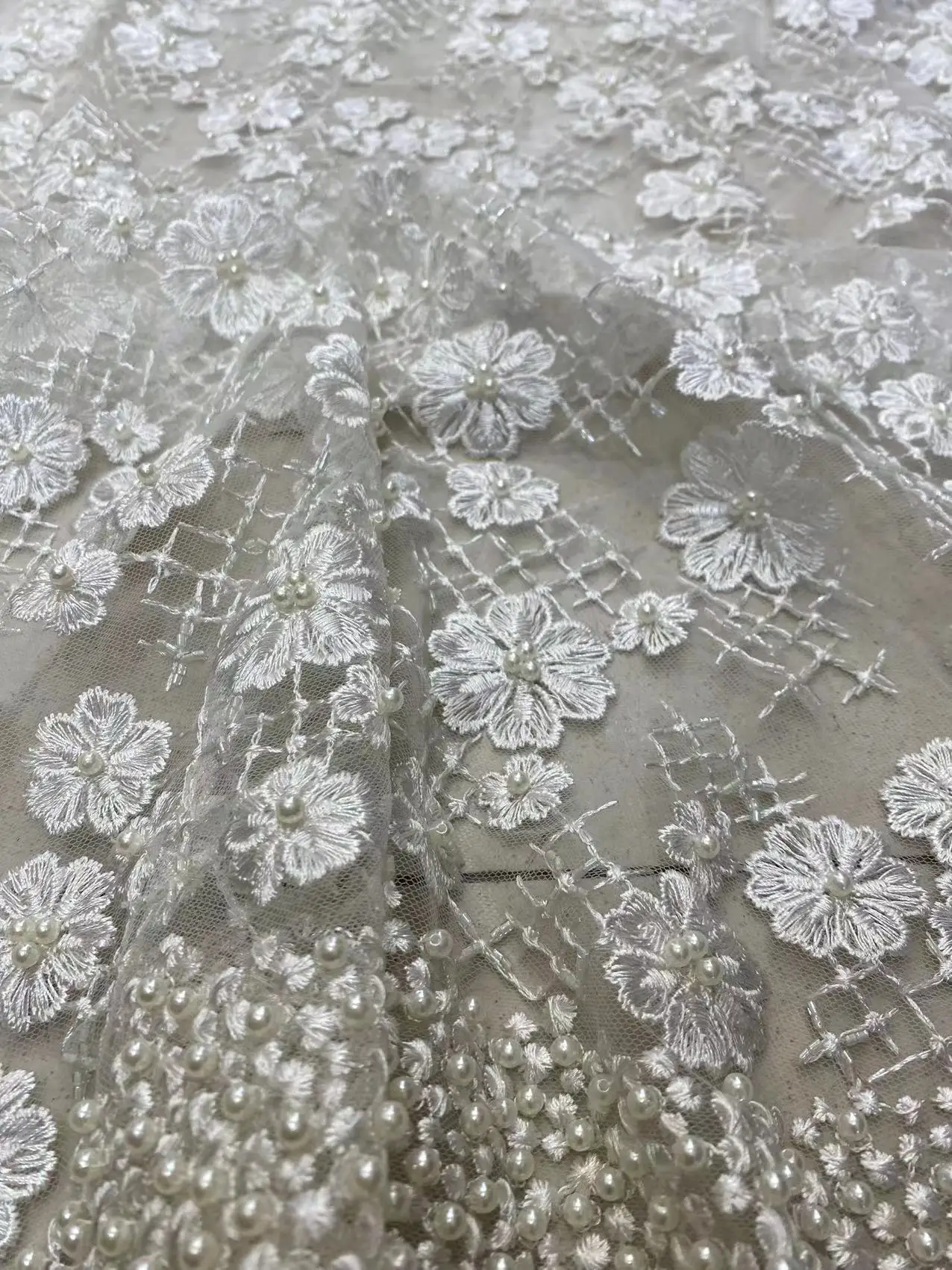 

Heavy-work Handmade With 3D Fabric French Tulle Net Lace Pearls Embroidered African Nigeria Fabirc For Evening Dress Weddings