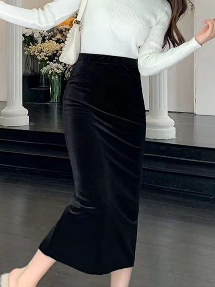 우아한 벨벳 블랙 롱 스커트 여성 가을 ??겨울 하이 웨스트 Faldas 한국어 Fahion 의류 Office Ladies Bodycon 미디 스커트