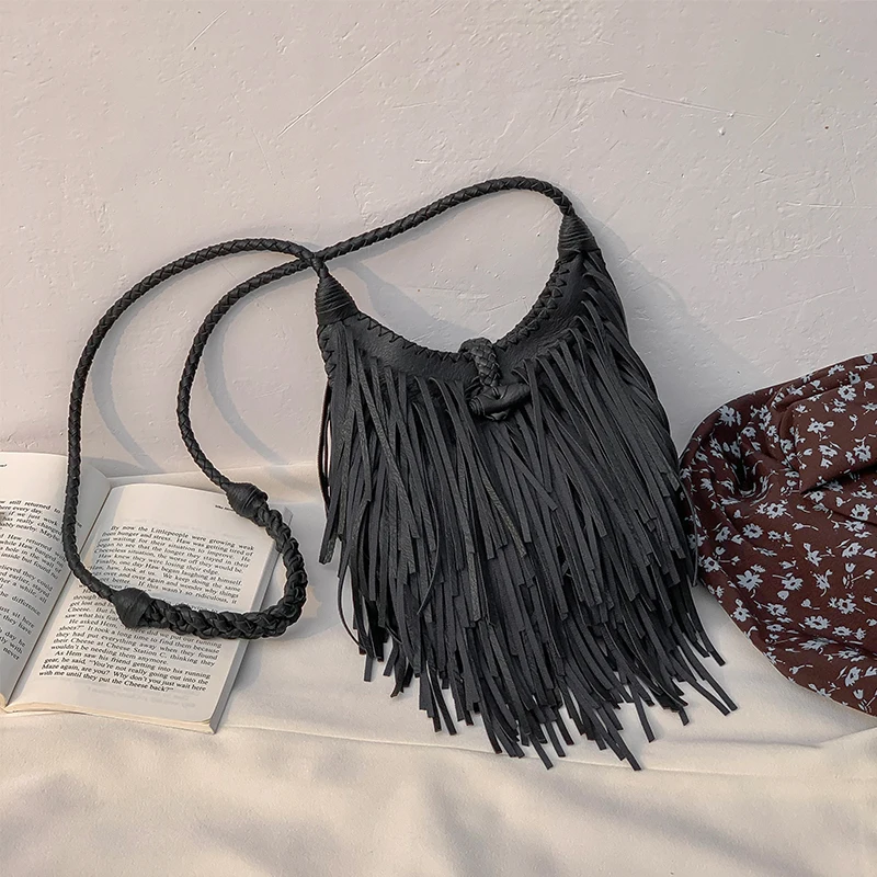 Boho Black Leather Fringe Crossbody Purse 