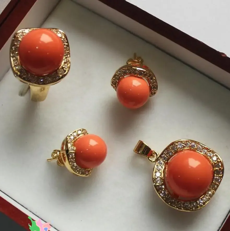 

wholesale noble jewelry set 18KGP+12-14mm orange shell pearl,ring, pendant & stud earring jade