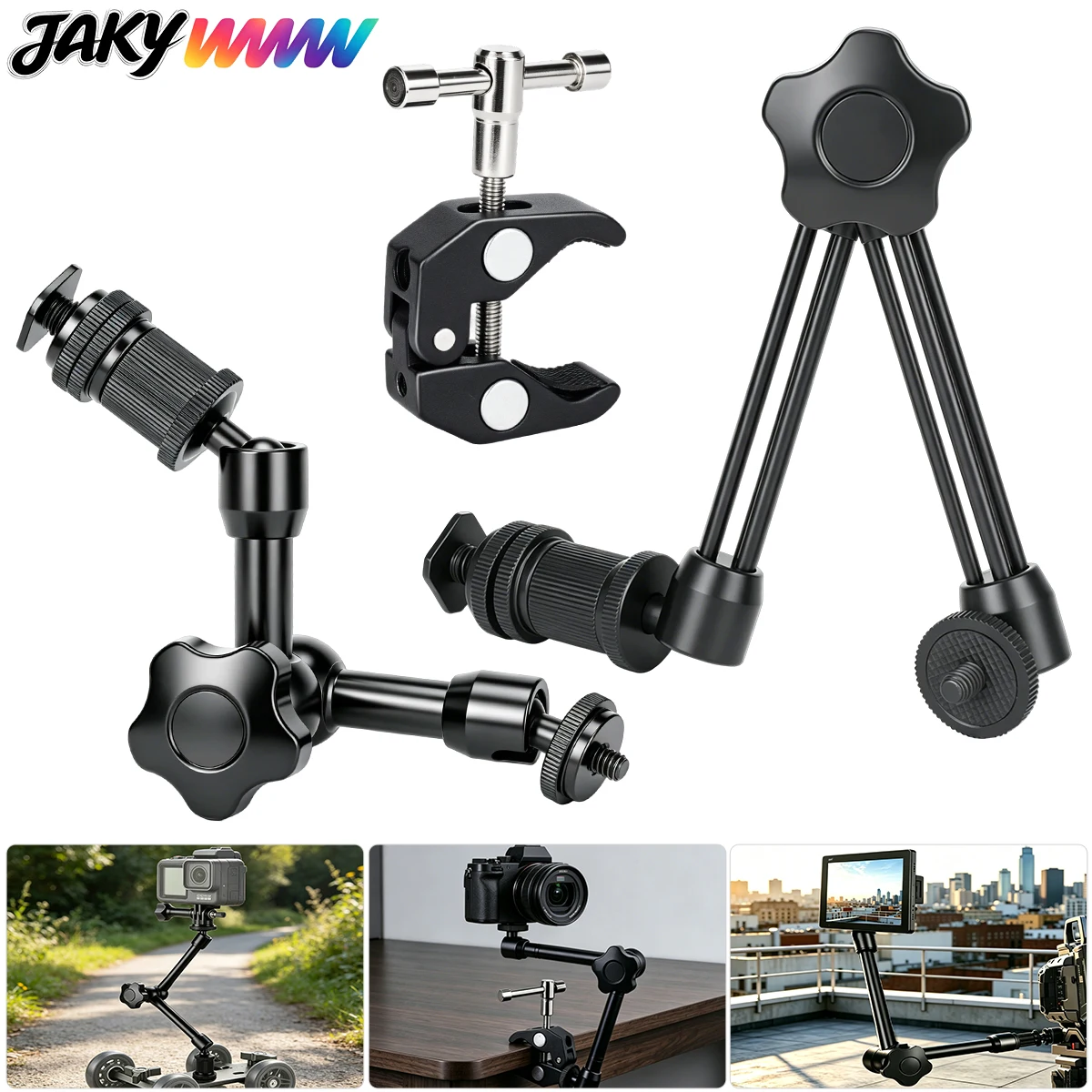 JAKYWWW 7/11인치 메탈 매직 암(슈퍼 클램프 360 포함) ° DSLR 카메라 모니터 LED 조명 스마트폰용 회전식 1/4 나사