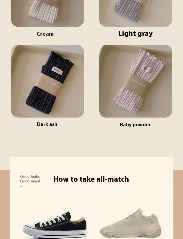 Socks Autumn And Winter New Item Sweet Fungus Edge Vertical Strip Stacking Socks Fabric Label Pure Cotton Mid Tube Socks For Women_voghion.com