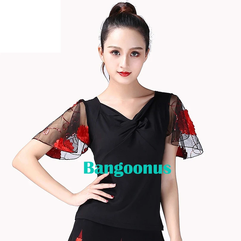 

Girl Ballroom Dance Top Flamenco Blouse Standard Modern Dancer Costume Performance Outfits Waltz Dancewear Short Sleeve 7 Colors