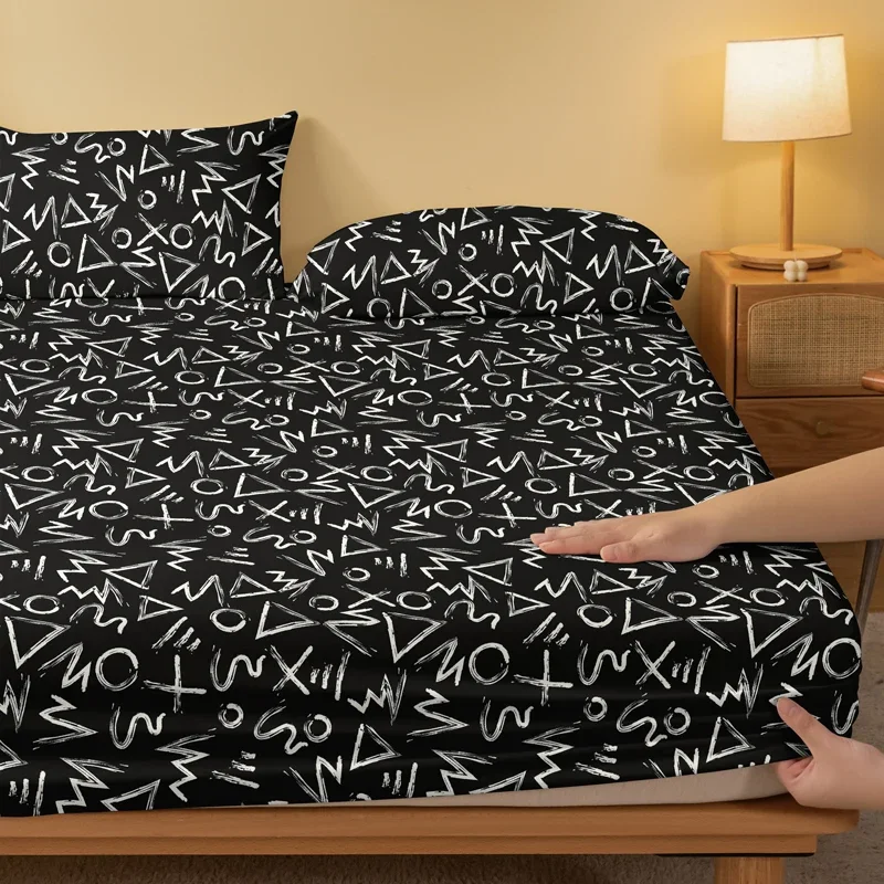 1 black background matte bed sheet with random patterns, bedroom printed bed cover, bedding (excluding pillowcases) 3