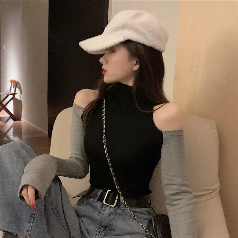 

Bottomed Blouse T-shirt Women Tshirt Half High Collar New Spring And Autumn Top Slim Long Sleeve Sexy T Shirt Off Shoulder Vogue