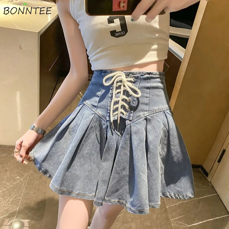 

Pleated Skirts Women Denim Korean Fashion Sexy Girl Mini Streetwear Designed Korean Fashion Hotsweet High Waist Youthful Chic