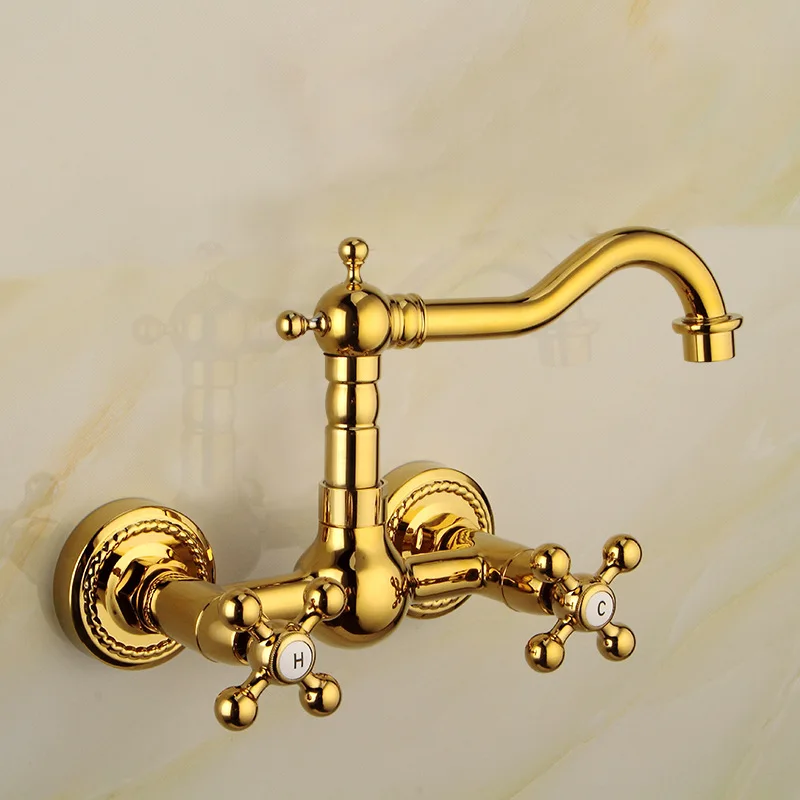 Luxury Gold Color Brass Bathroom Kitchen Sink Basin Faucet Mixer Tap Swivel Spout Wall Mounted Dual Cross Handles