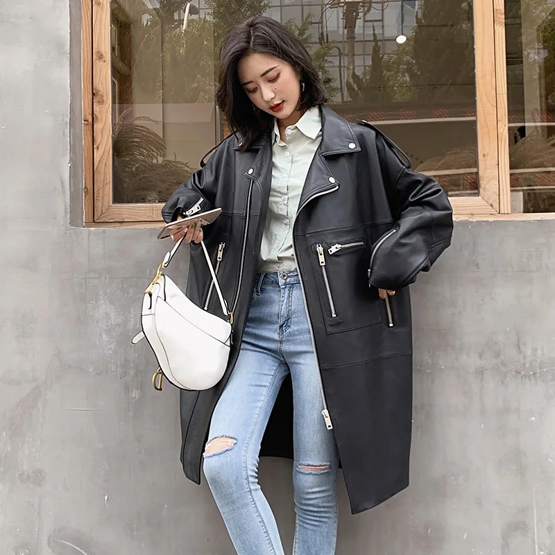 

Autumn Oversized Black Long Womens Leather Biker Jacket Long Sleeve Spring Loose Faux Leather Coat Streetwear 2023