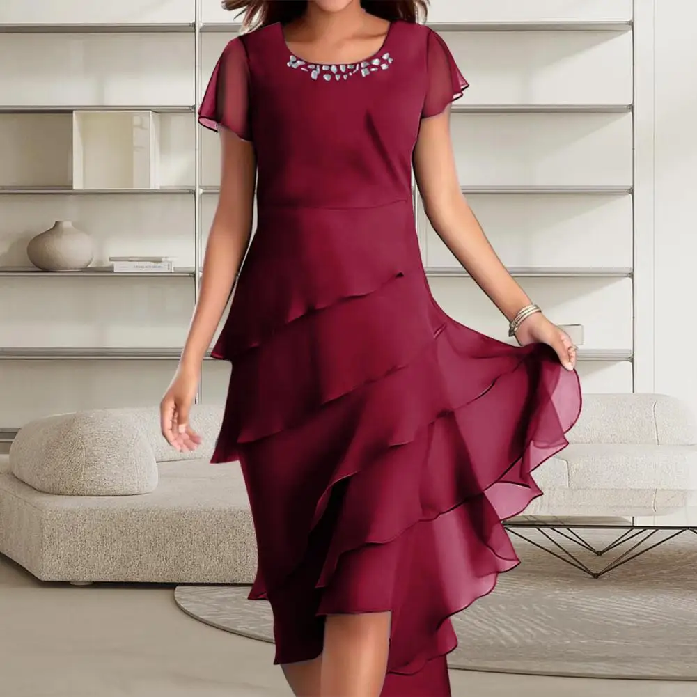 

O-neck Beaded Decor Dress Elegant Beaded Decor O-neck Midi Dress Layered Cake Hem Flowy Party Wedding Guest Dress Short Sleeve